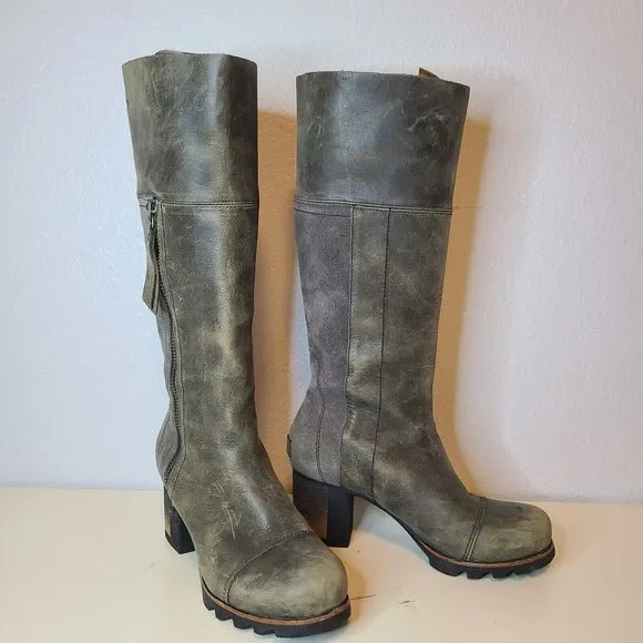 Sorel Women Boots NL2301 Addington Distressed Taupe Gray Leather Tall Heel Sz 7 - Picture 3 of 12